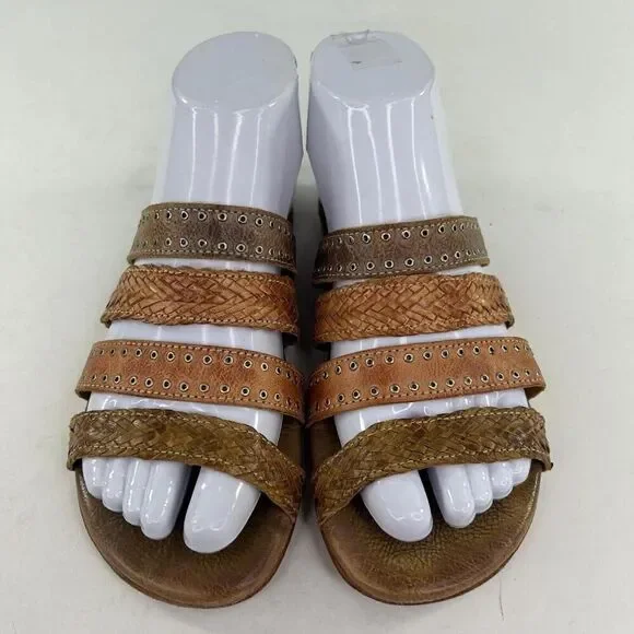 Bed Stu Henna Women's Sandals US 6.5 Brown Strappy Woven Leather Studded Slide - Picture 4 of 11